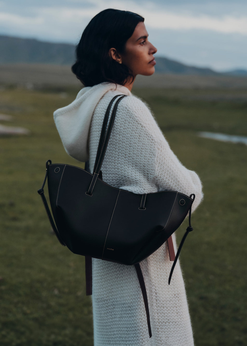 Mini Handbag - Textured Black with Ecru Stitching