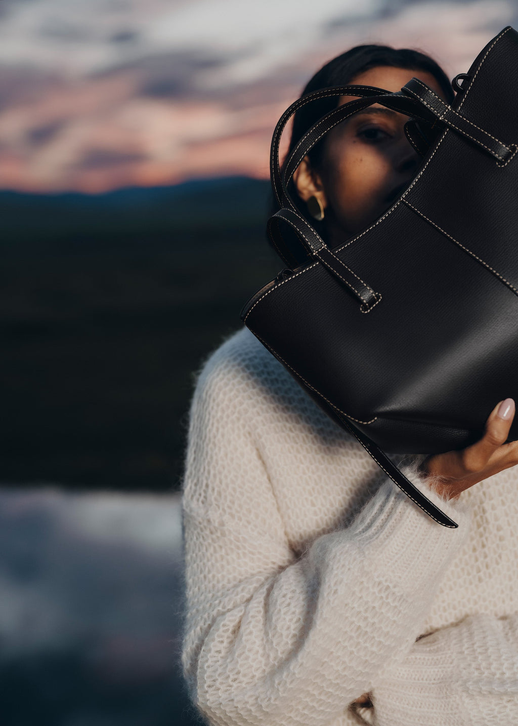 Mini Handbag - Textured Black with Ecru Stitching