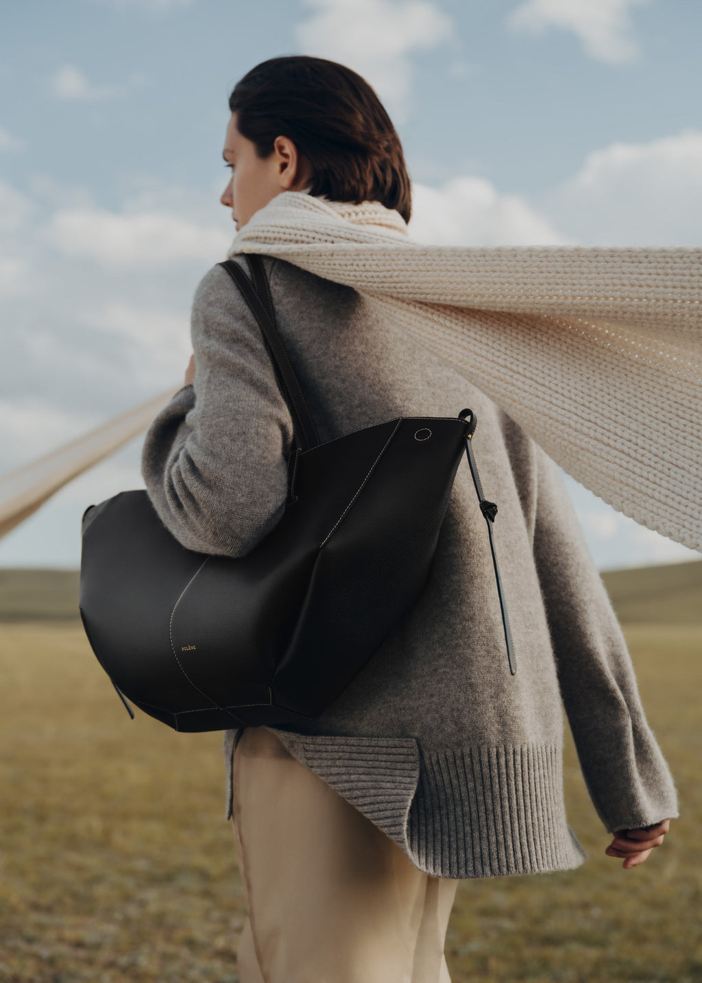 Handbag - Textured Black with Ecru Stitching