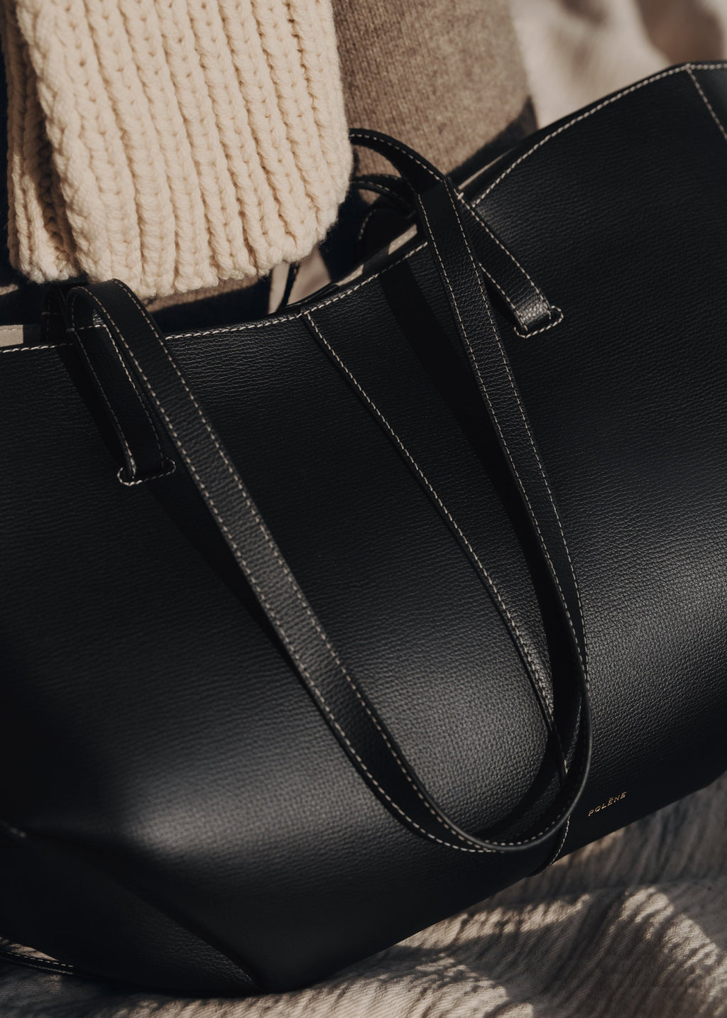 Handbag - Textured Black with Ecru Stitching