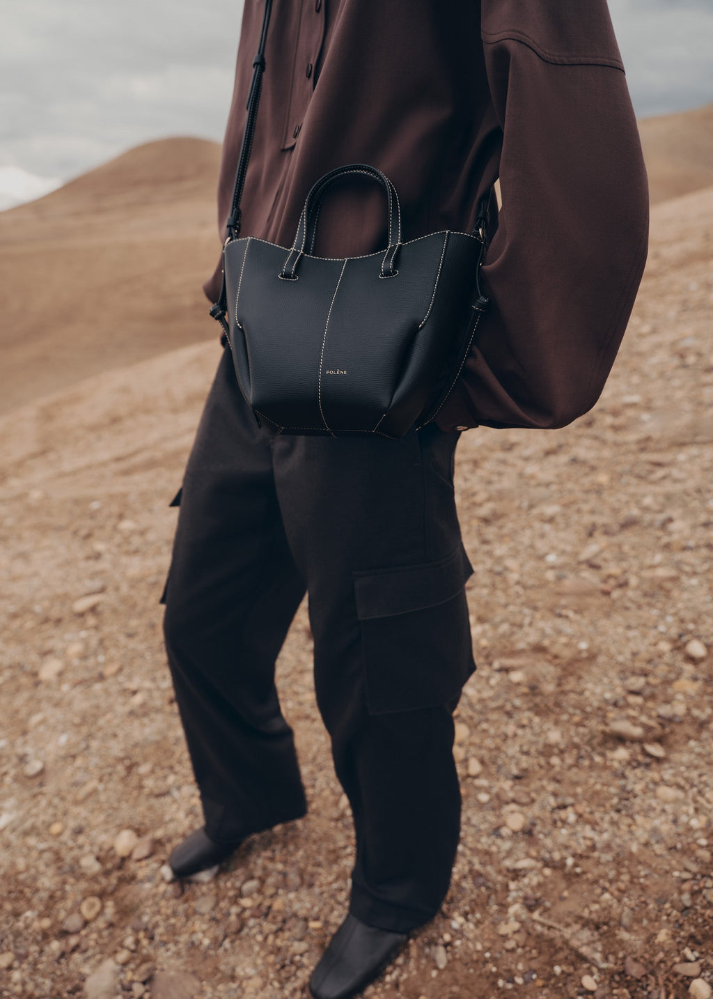 Nano Tote Bag - Textured Black with Ecru Stitching