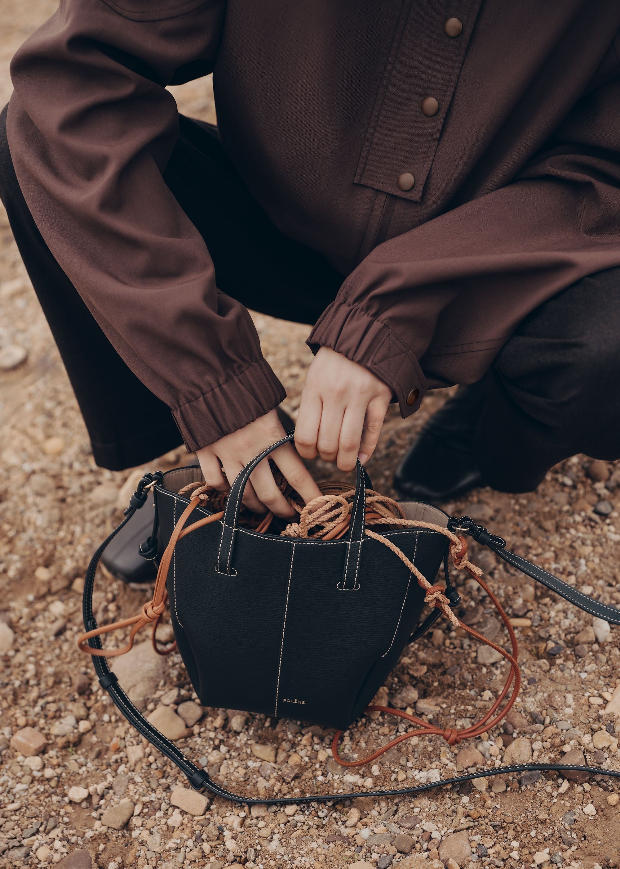 Nano Tote Bag - Textured Black with Ecru Stitching