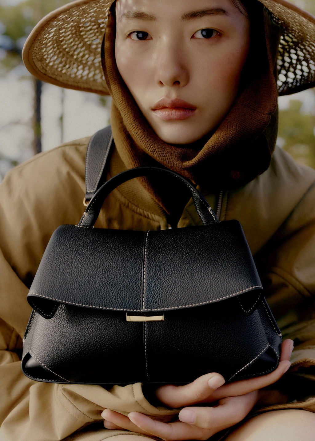 Mini Handbag - Textured Black with Ecru Stitching