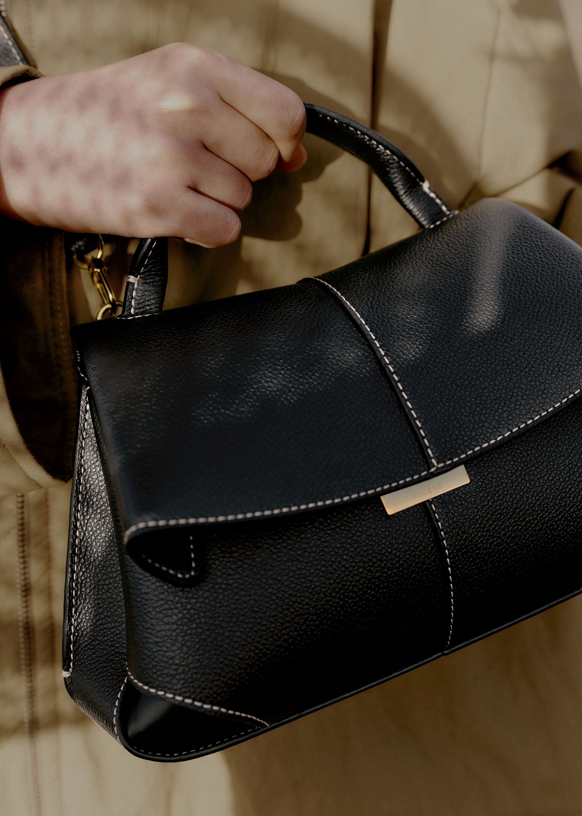 Mini Handbag - Textured Black with Ecru Stitching