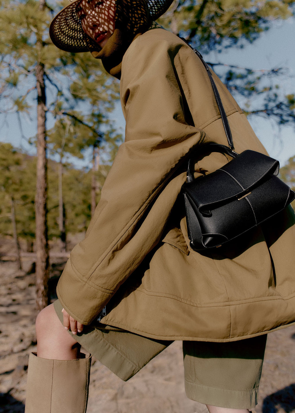 Mini Handbag - Textured Black with Ecru Stitching