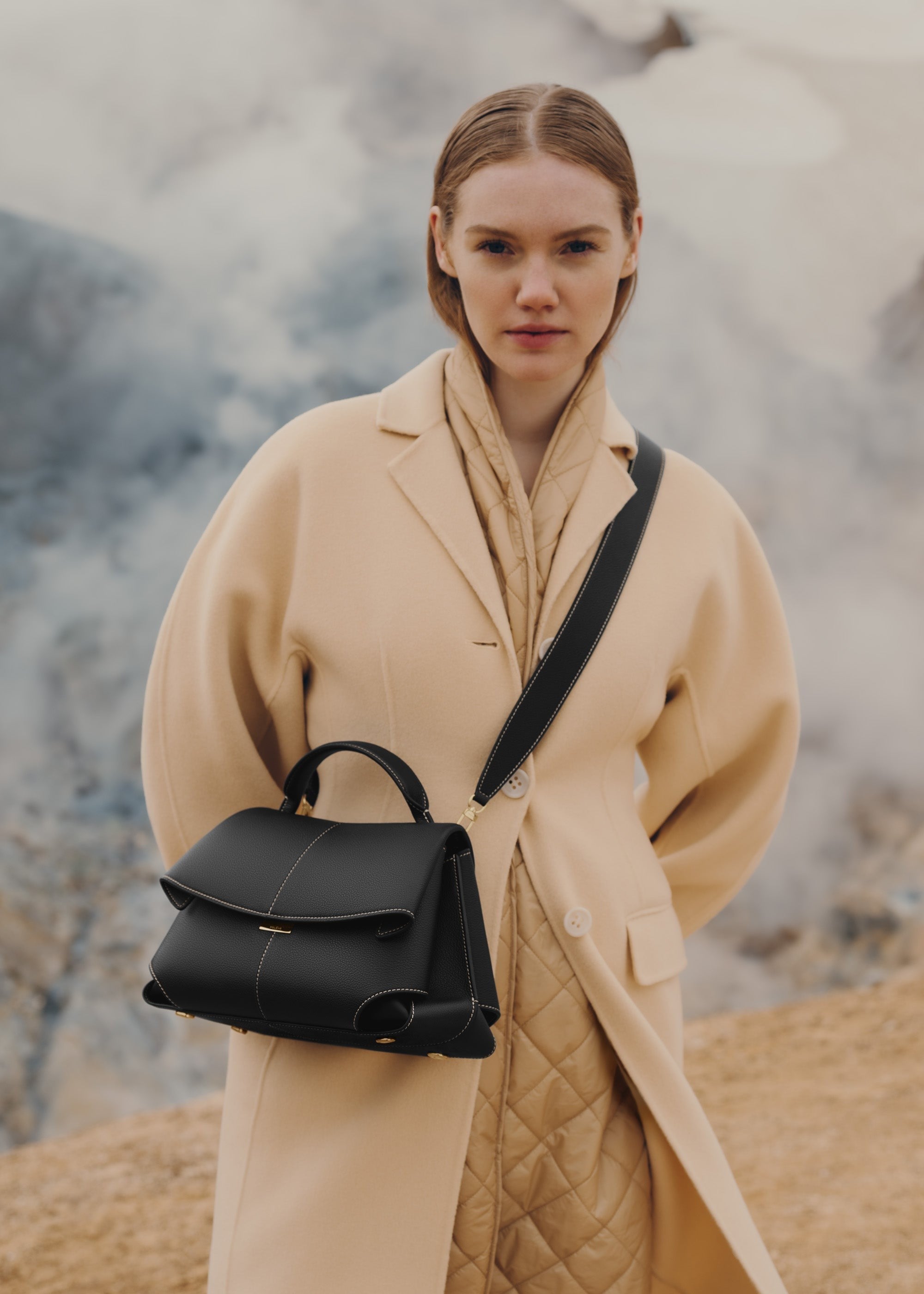 Handbag - Textured Black with Ecru Stitching