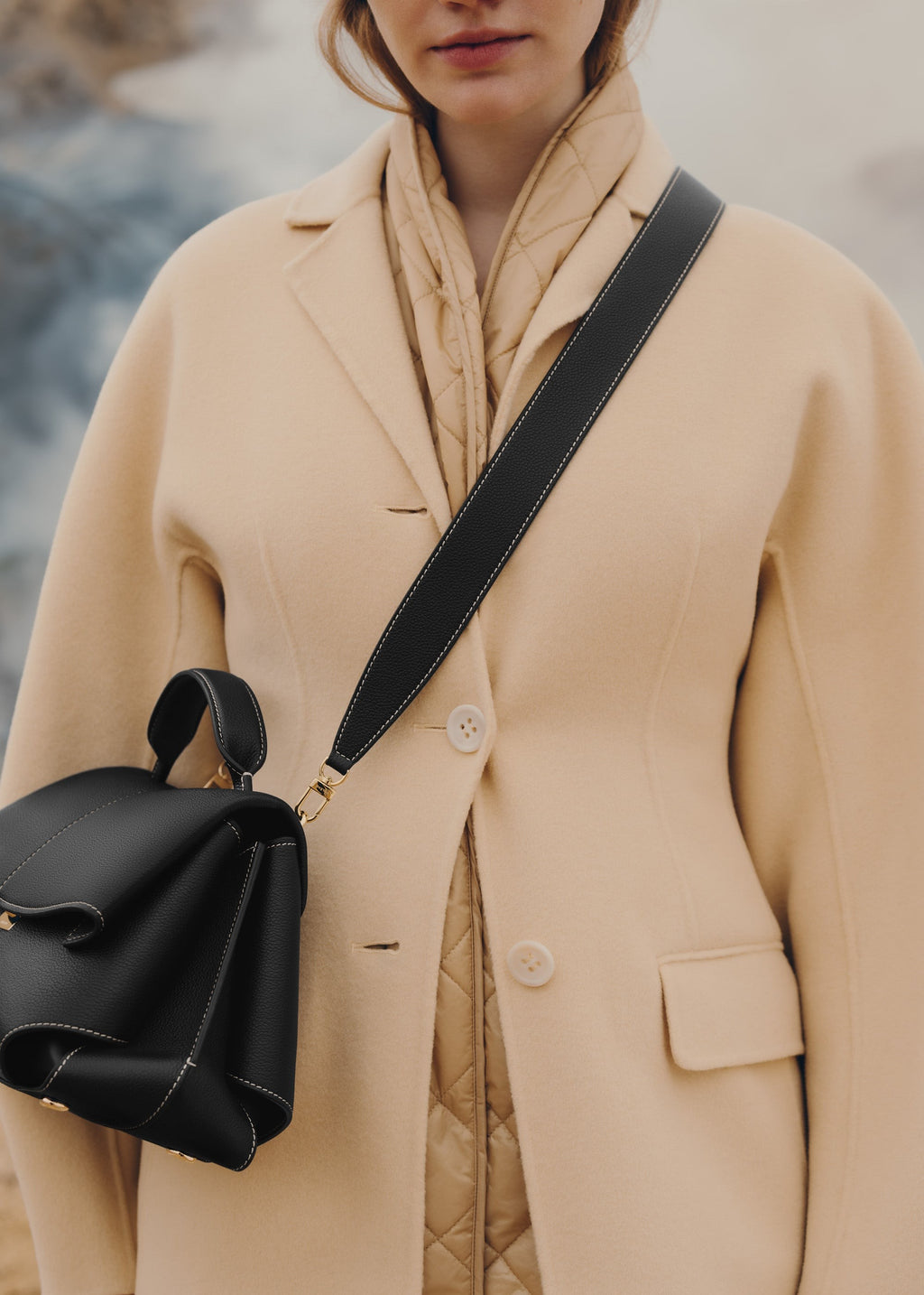 Handbag - Textured Black with Ecru Stitching