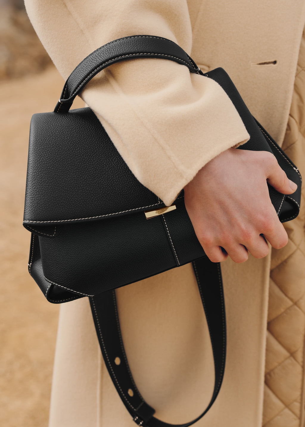 Handbag - Textured Black with Ecru Stitching