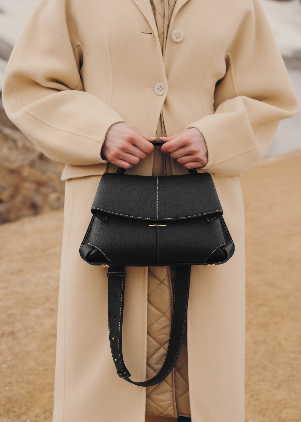 Handbag - Textured Black with Ecru Stitching