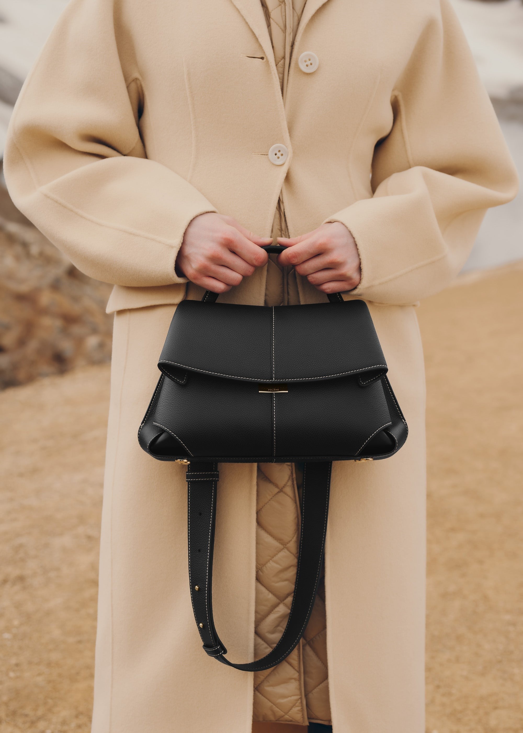 Handbag - Textured Black with Ecru Stitching