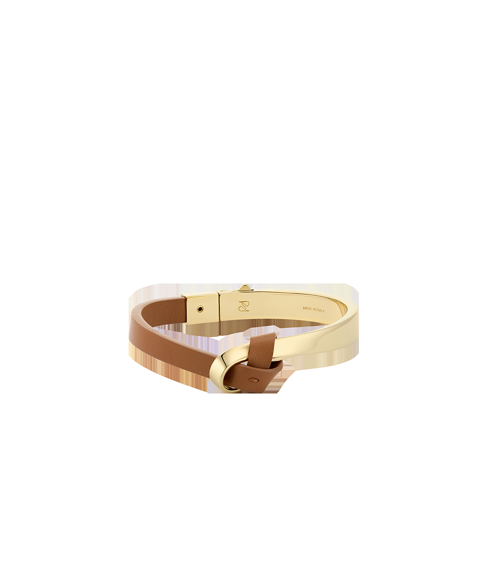 Bangle - Gold Gilded with Camel Leather