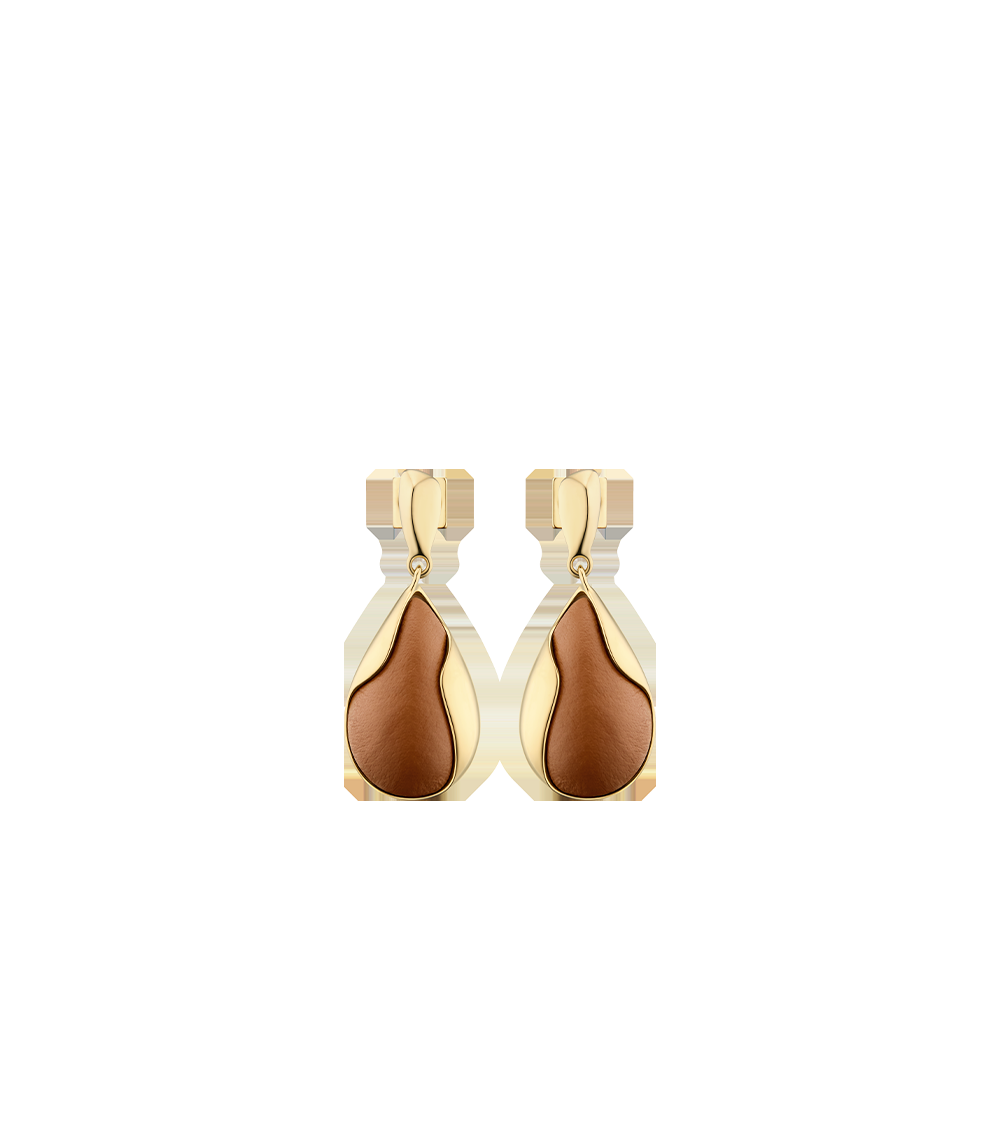 Earrings - Gold Gilded with Camel Leather