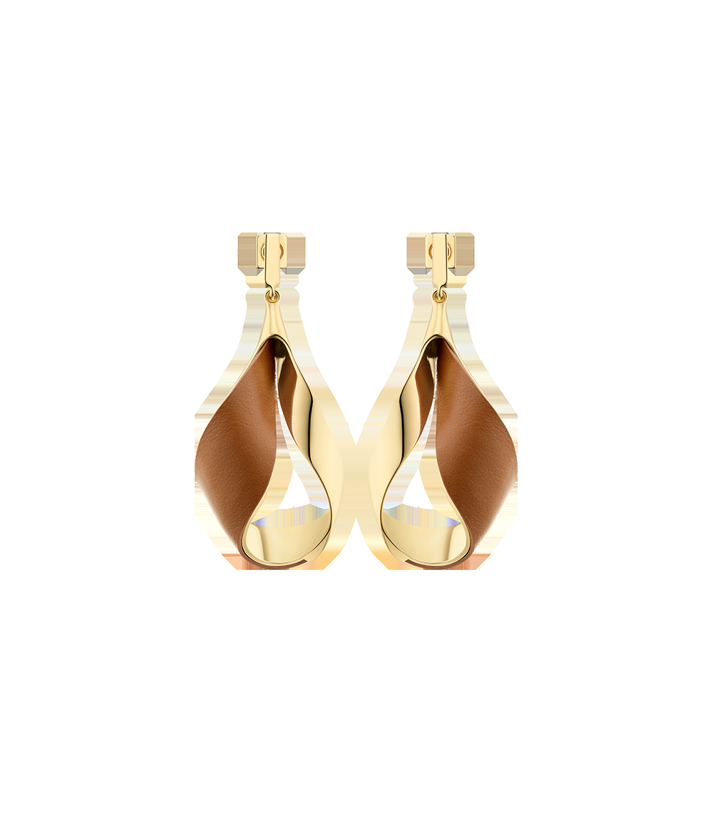 Earrings - Gold Gilded with Camel Leather
