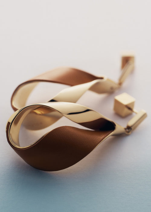 Earrings - Gold Gilded with Camel Leather