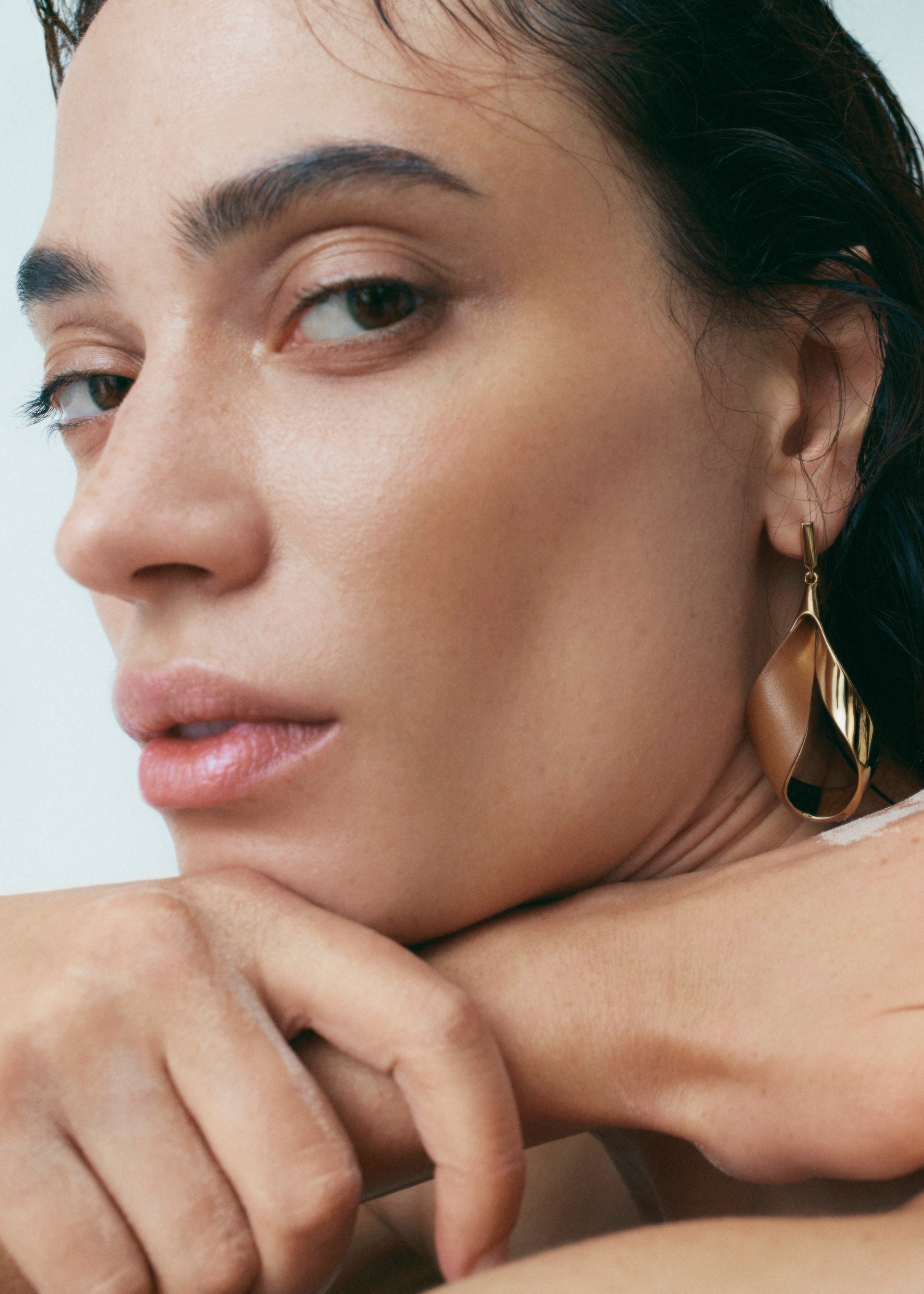 Earrings - Gold Gilded with Camel Leather