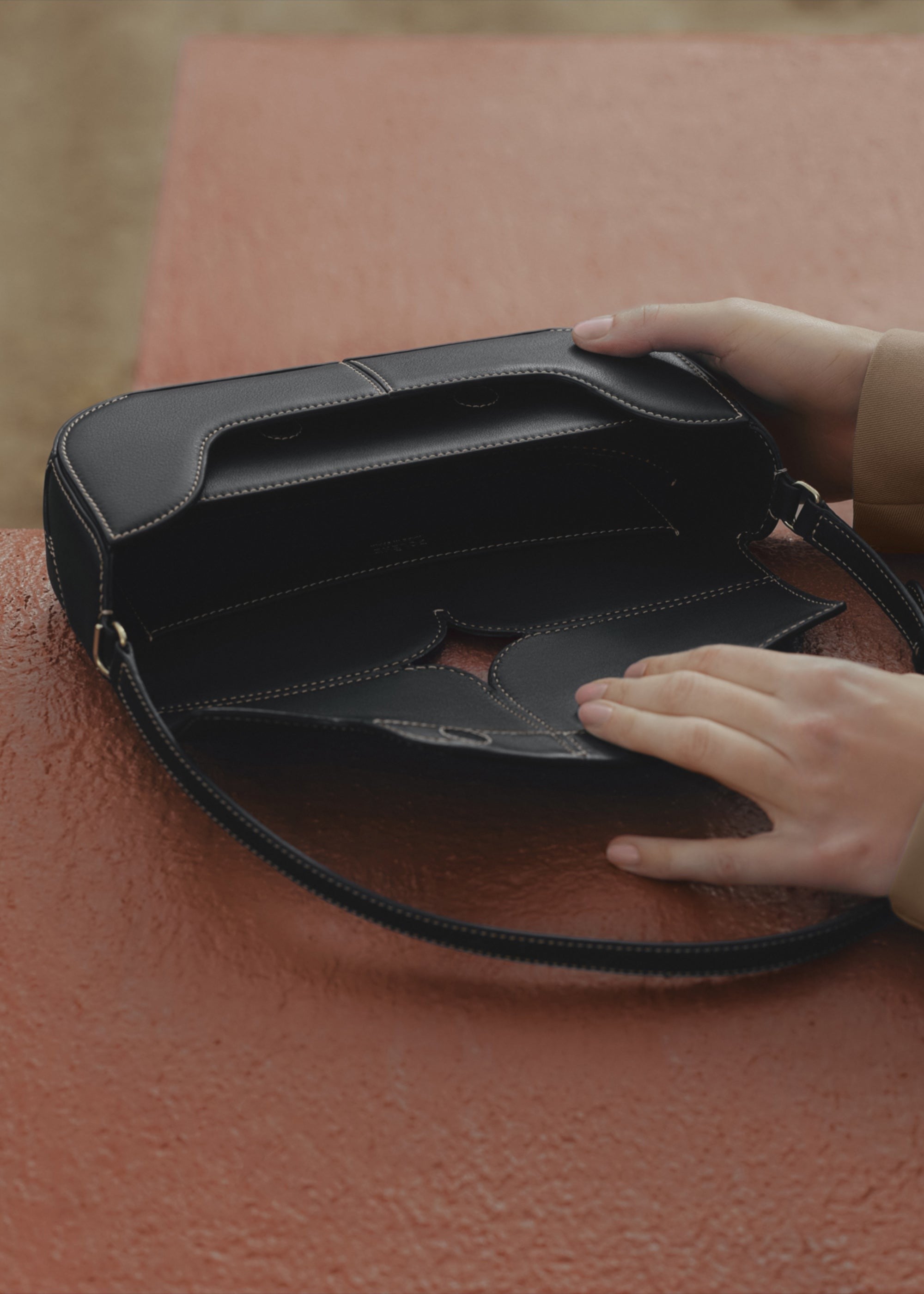 Handbag - Smooth Black with Ecru Stitching